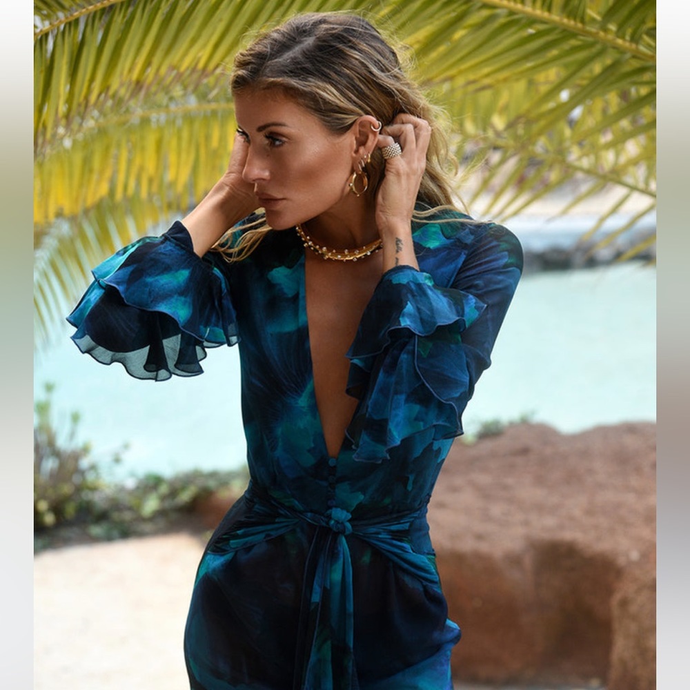 Rat & Boa Teal and Navy Long Sleeve Ruffled Wrap Dress